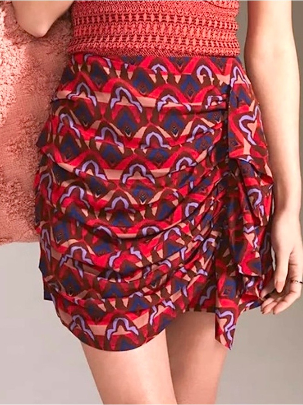 Anthropologie Dolan Tribal Ruched Ruffle Ikat Mini Skirt XL Red Purple Colorful